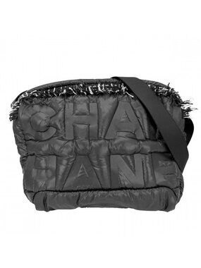 Chanel Shoulder Bag Coconage Tweed Logo Crossbody Nylon Black Silver